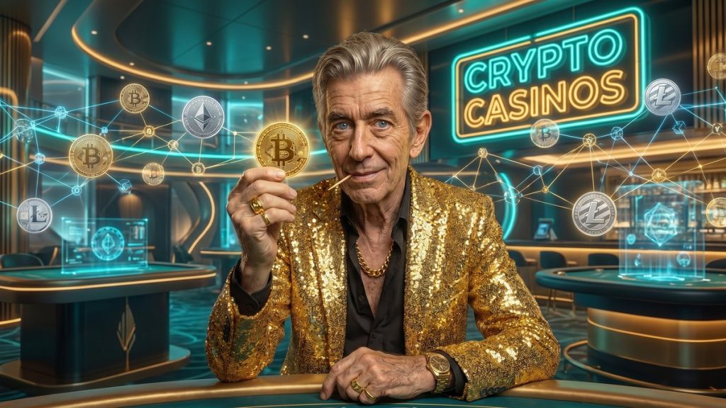 Chip holding a Bitcoin coin beside a CRYPTO CASINOS neon sign with blockchain lines
