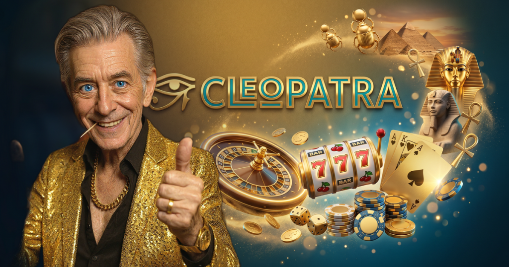 CLEOPATRA casino review featuring ChipReign character, branded game montage backdrop
