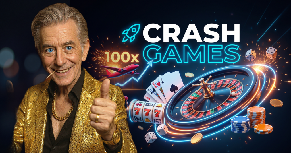CRASH GAMES casino review featuring ChipReign character, branded game montage backdrop