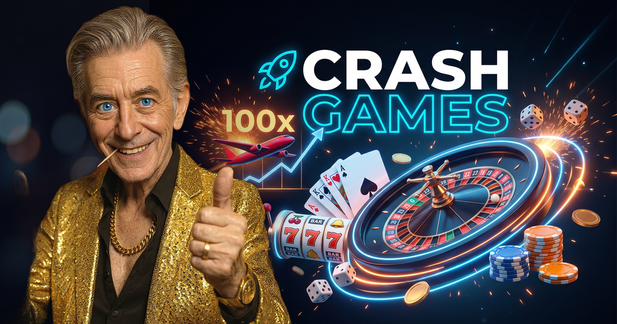 CRASH GAMES casino review featuring ChipReign character, branded game montage backdrop