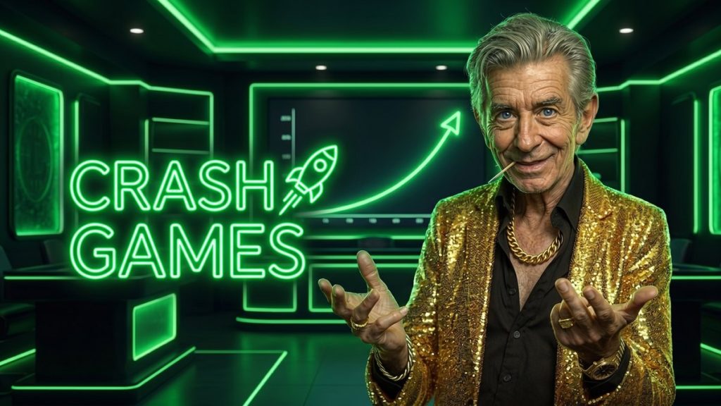 Chip beside a CRASH GAMES neon sign with a rising multiplier curve