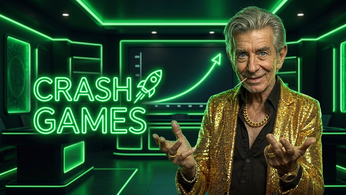 Chip beside a CRASH GAMES neon sign with a rising multiplier curve