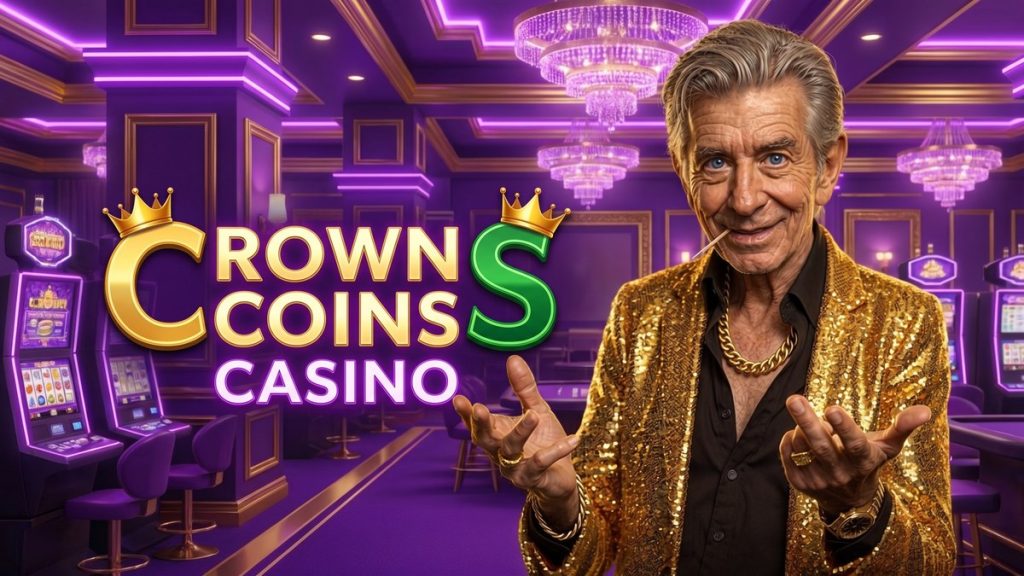 Chip, the ChipReign host in his gold sequin blazer, in a Crown Coins casino lobby with the Crown Coins logo in its brand colours
