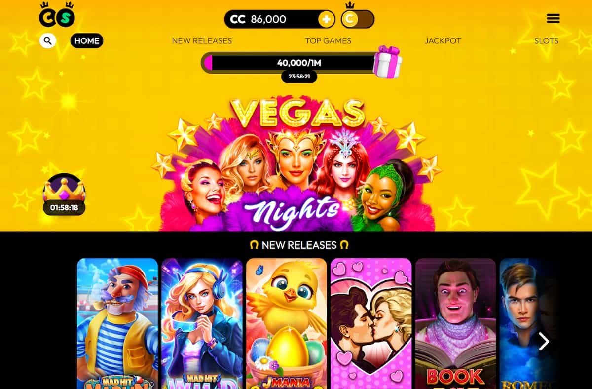 Crown Coins Casino desktop lobby showing the Vegas Nights game and daily free coin gift