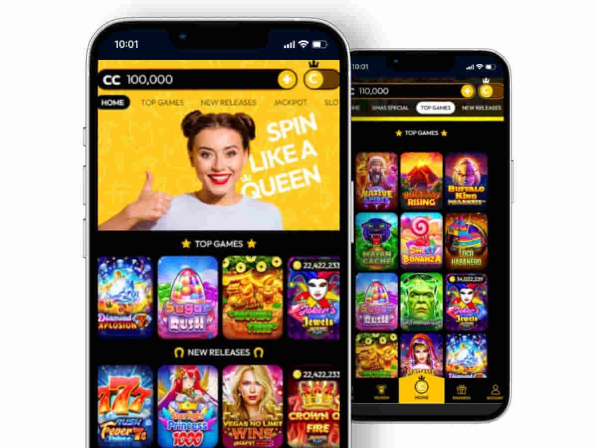 Crown Coins Casino on two phones showing the top games lobby