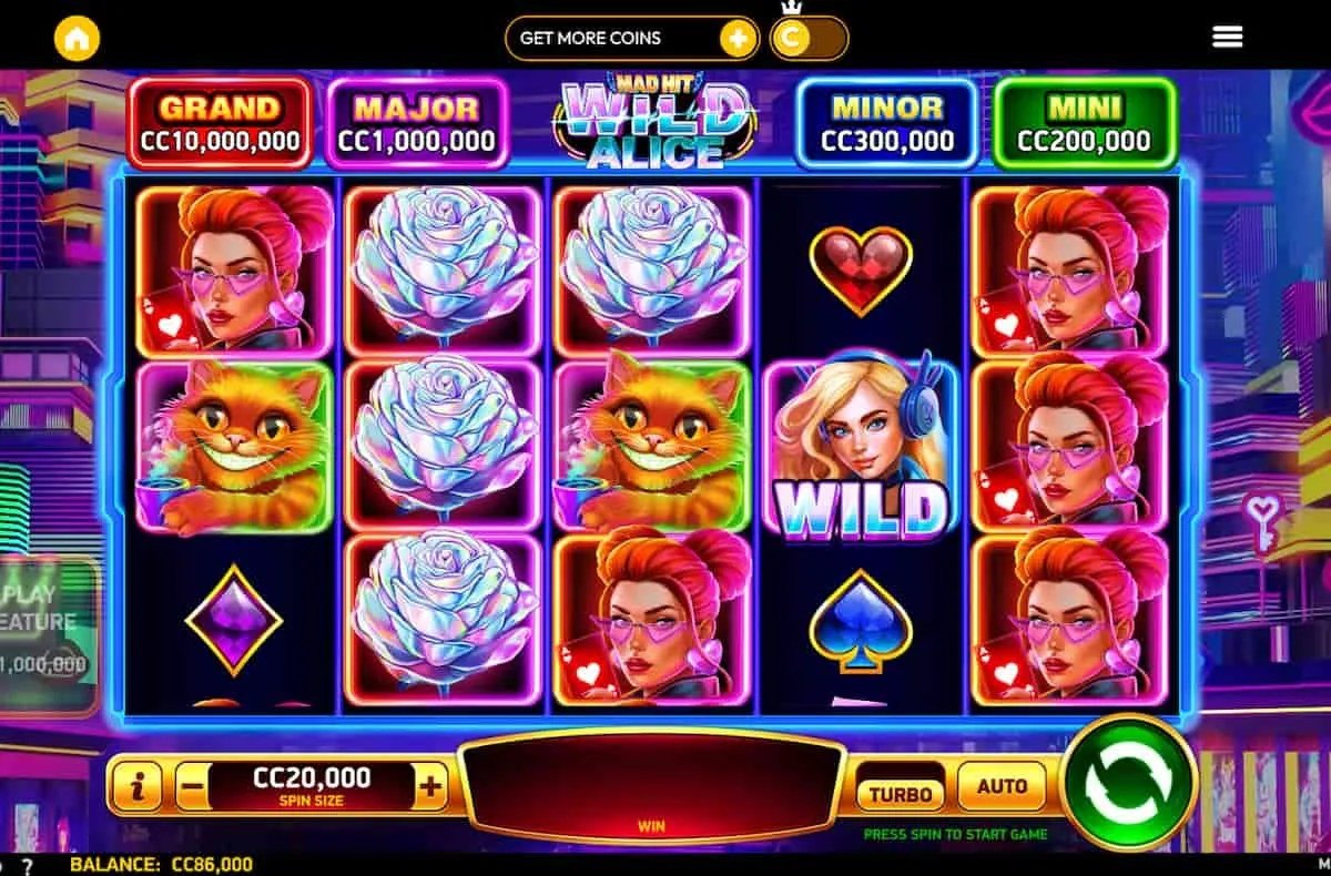 Crown Coins Casino playing Mad Hit Wild Alice slot with jackpot tiers and a Crown Coins balance