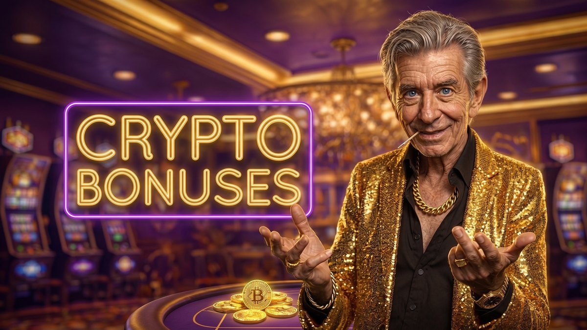 Chip beside a CRYPTO BONUSES neon sign with a pile of gold crypto coins