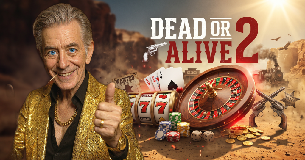 DEAD OR ALIVE 2 casino review featuring ChipReign character, branded game montage backdrop