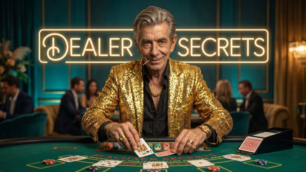 Chip dealing cards behind a blackjack table beside a DEALER SECRETS neon sign