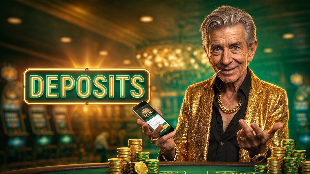 Chip in a gold and green casino lobby beside a DEPOSITS neon sign