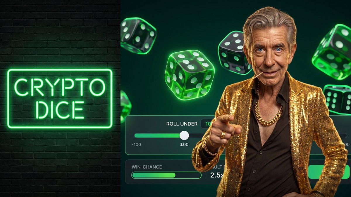Chip pointing beside a CRYPTO DICE neon sign with dice and a roll-under slider