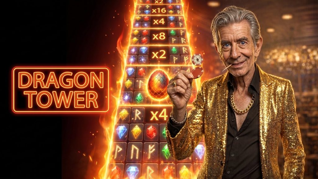 Chip holding a chip beside a DRAGON TOWER neon sign with a tower of tiles and a dragon egg