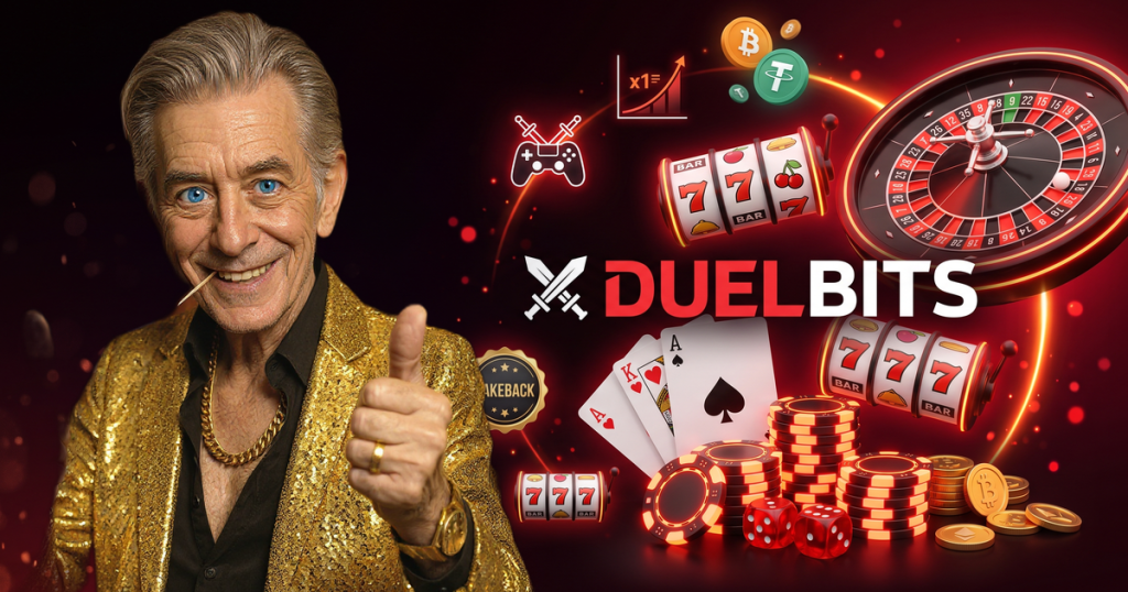 DUELBITS casino review featuring ChipReign character, branded game montage backdrop