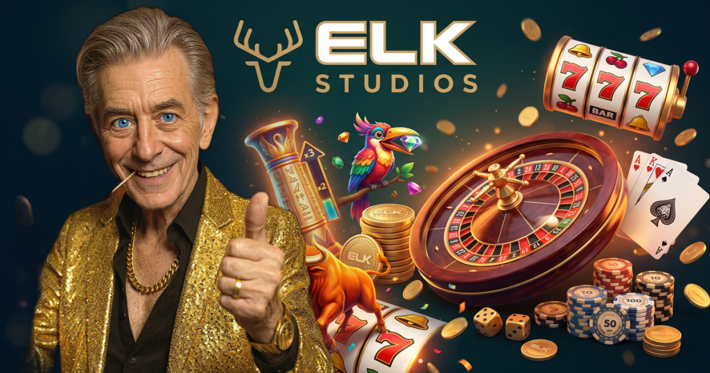 ELK STUDIOS casino review featuring ChipReign character, branded game montage backdrop