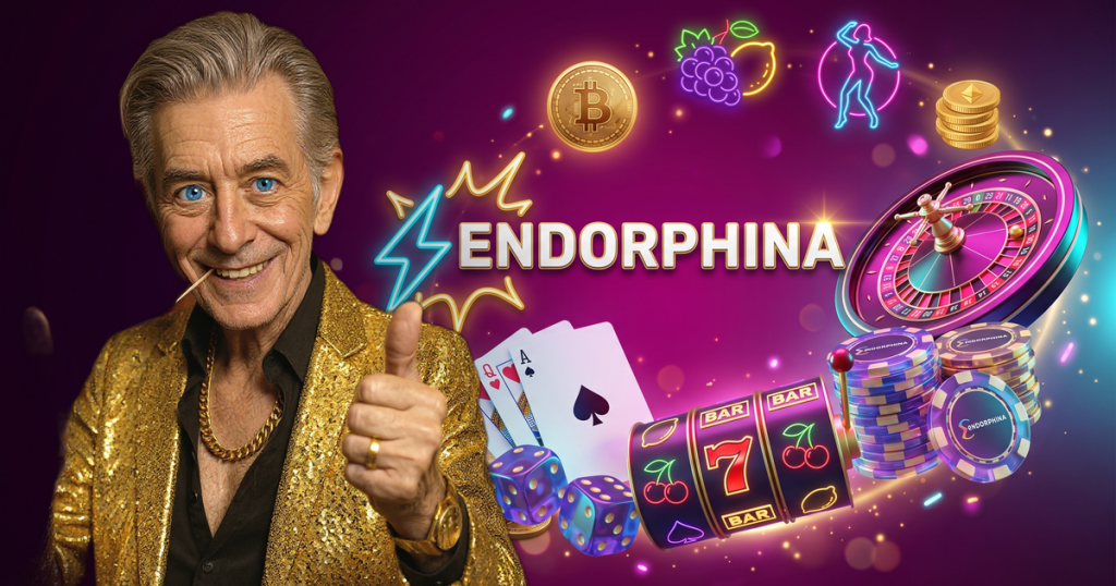 ENDORPHINA casino review featuring ChipReign character, branded game montage backdrop