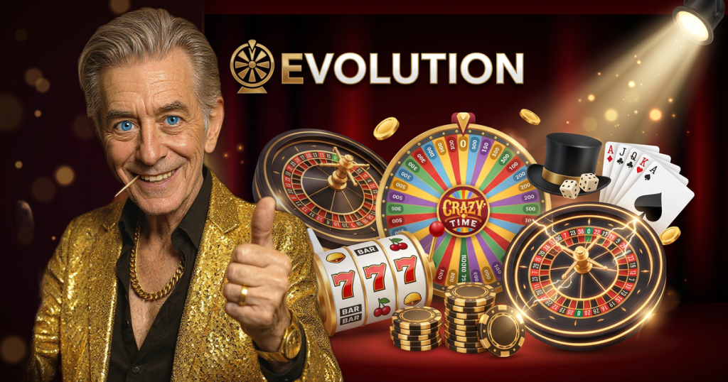 EVOLUTION casino review featuring ChipReign character, branded game montage backdrop
