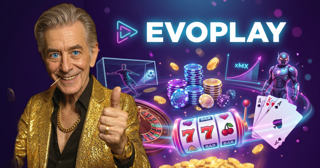 EVOPLAY casino review featuring ChipReign character, branded game montage backdrop