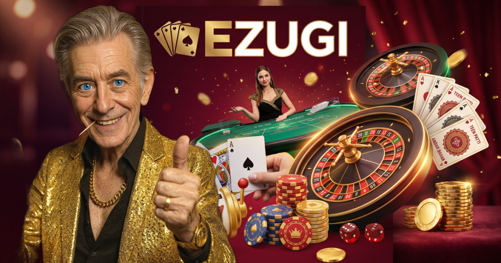 EZUGI casino review featuring ChipReign character, branded game montage backdrop