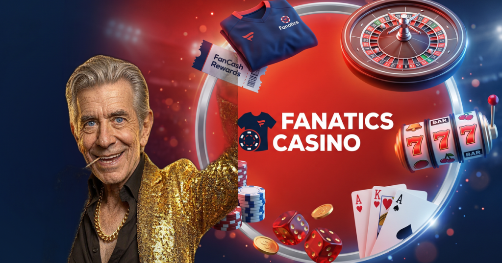 FANATICS CASINO casino review featuring ChipReign character, branded game montage backdrop