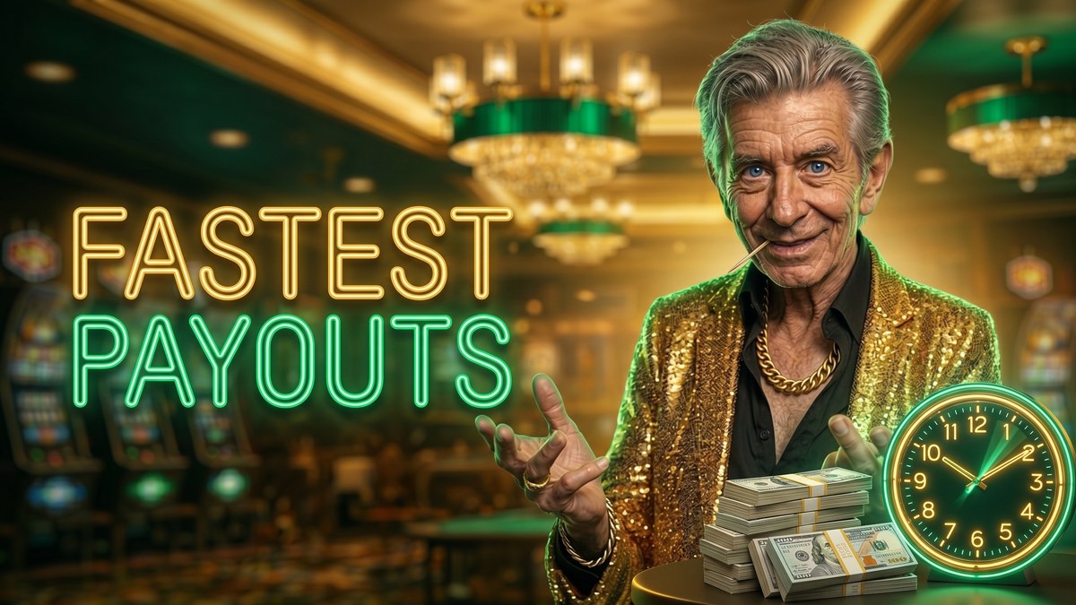 Chip the ChipReign host beside a FASTEST PAYOUTS neon sign with cash stacks and a clock