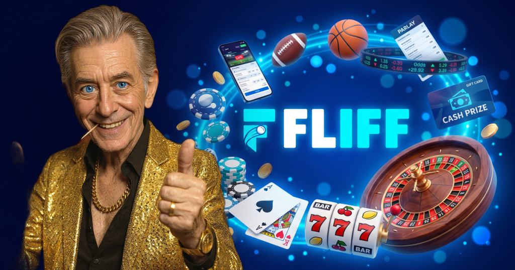 FLIFF casino review featuring ChipReign character, branded game montage backdrop
