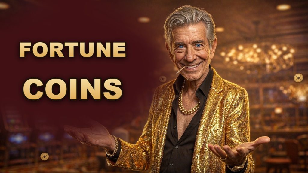 Chip, the ChipReign host, in a casino lobby beside the Fortune Coins logo