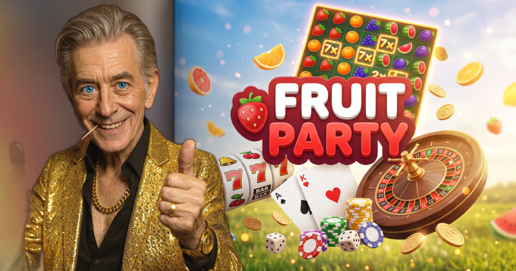 FRUIT PARTY casino review featuring ChipReign character, branded game montage backdrop