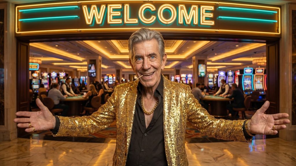 Chip welcoming with open arms at a casino entrance beside a WELCOME neon sign