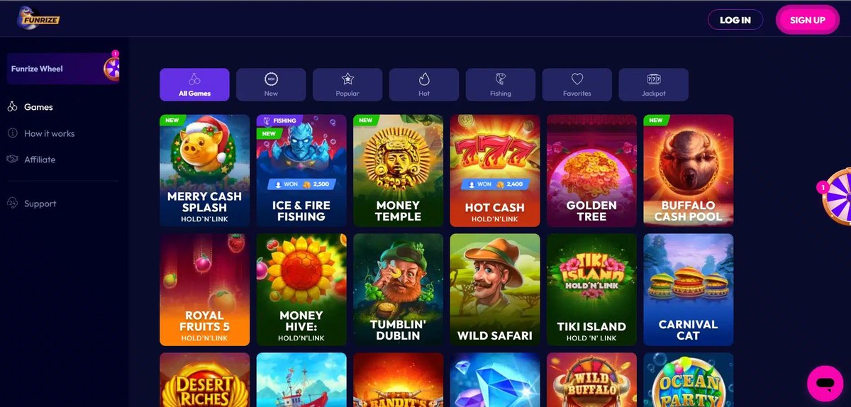 Funrize games lobby showing hold and link slots