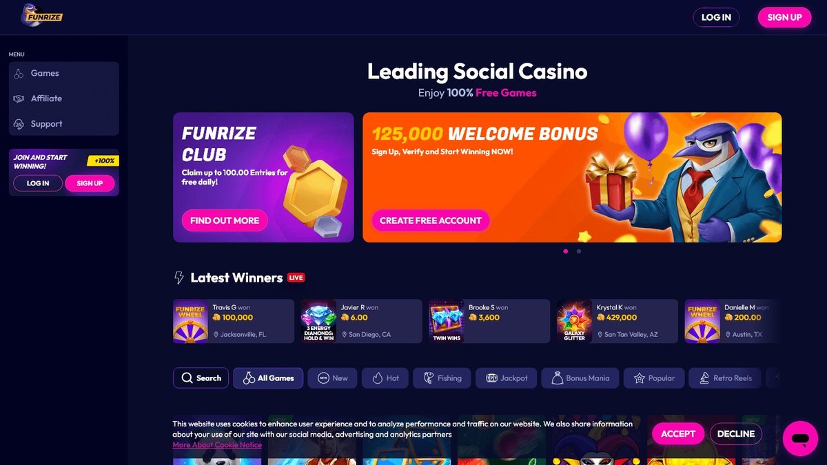 Funrize social casino homepage with the 125000 welcome bonus and Funrize Club