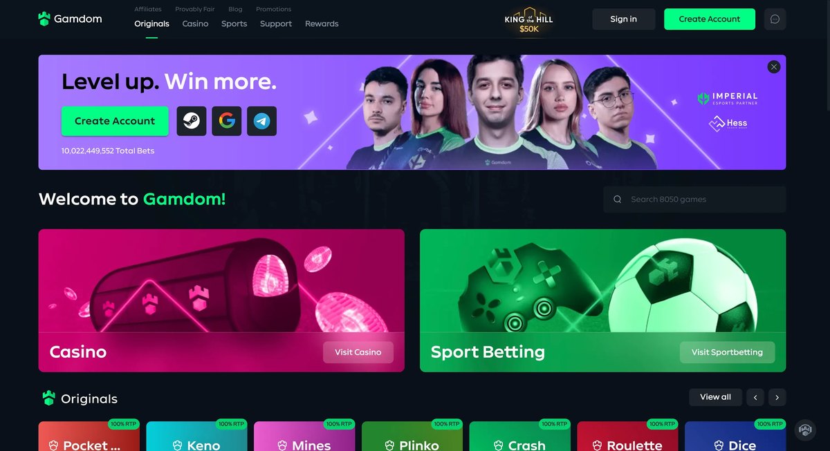 Gamdom crypto casino homepage showing Originals, casino, sports and esports betting