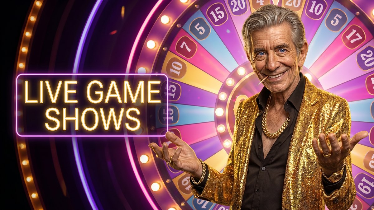 Chip in a showman pose beside a LIVE GAME SHOWS neon sign with a giant money wheel