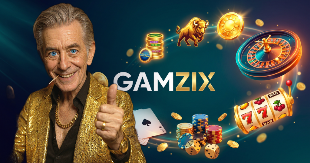 GAMZIX casino review featuring ChipReign character, branded game montage backdrop