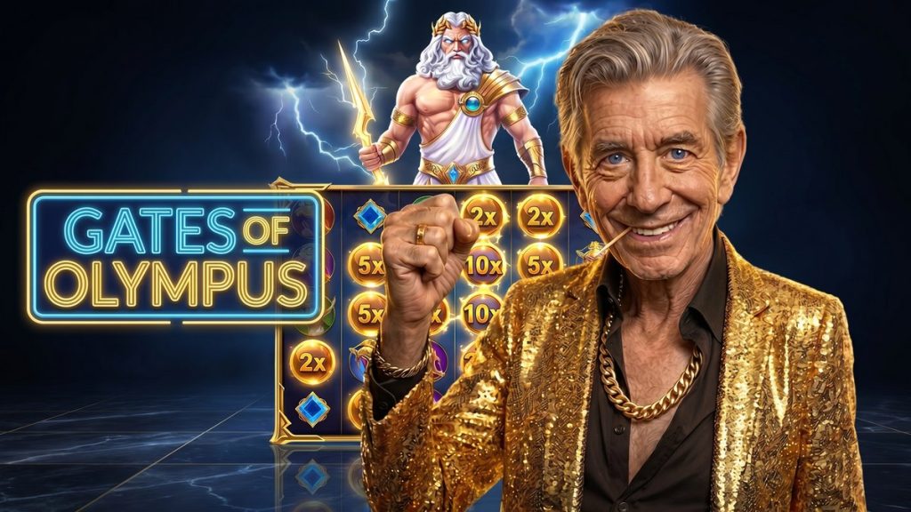 Chip raising a fist beside a GATES OF OLYMPUS neon sign with Zeus and gold multiplier orbs