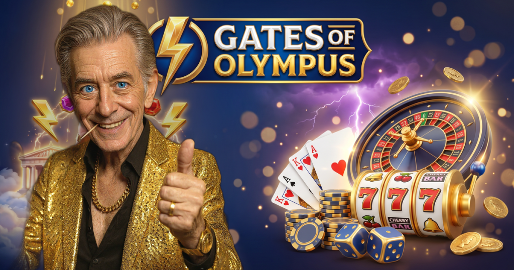 GATES OF OLYMPUS casino review featuring ChipReign character, branded game montage backdrop