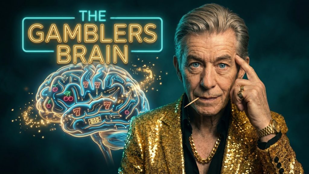 Chip tapping his temple beside a THE GAMBLERS BRAIN neon sign with a slot-wired brain