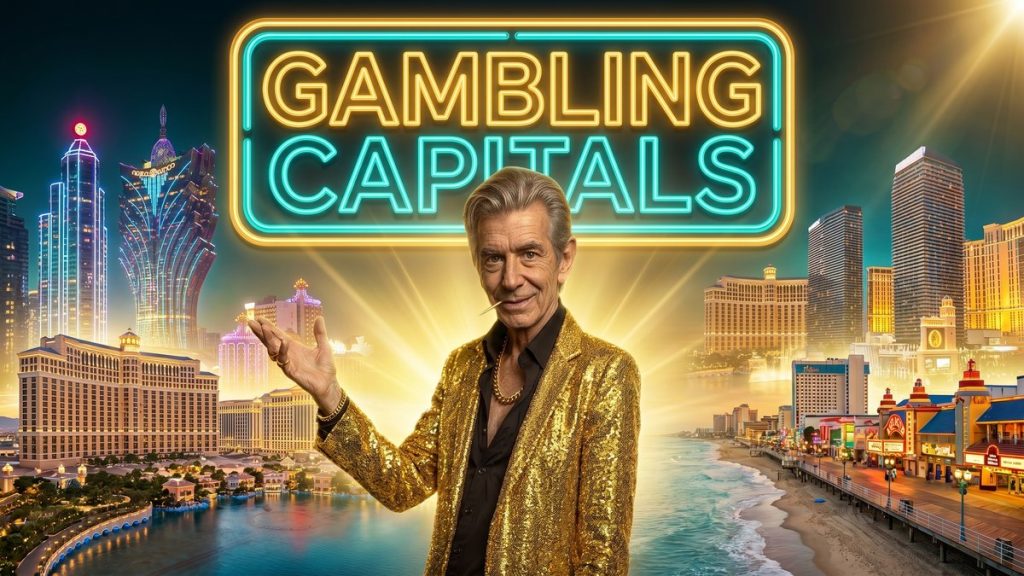 Chip presenting a montage of world gambling-city skylines beside a GAMBLING CAPITALS neon sign
