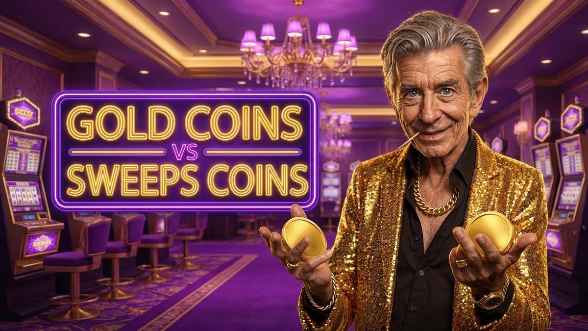 Chip holding two gold coins beside a GOLD COINS vs SWEEPS COINS neon sign