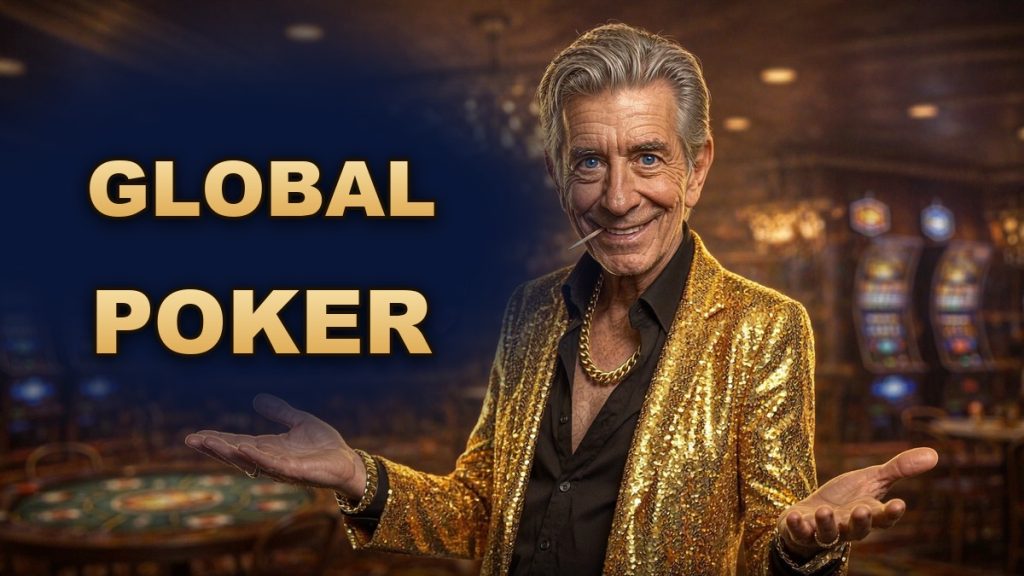 Chip, the ChipReign host, in a casino lobby beside the Global Poker logo