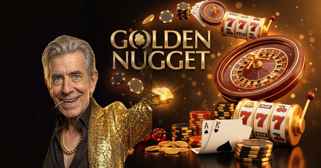 GOLDEN NUGGET casino review featuring ChipReign character, branded game montage backdrop