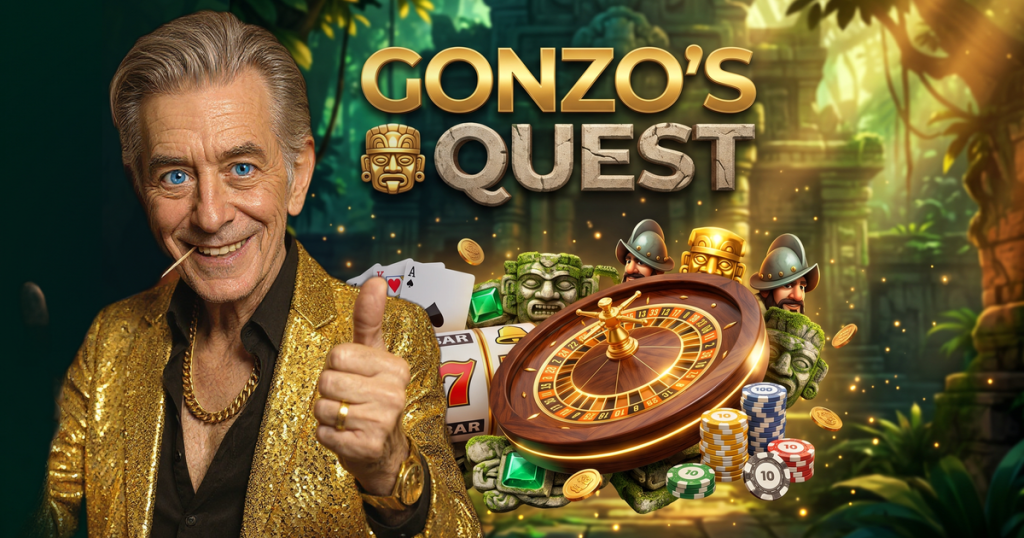 GONZO'S QUEST casino review featuring ChipReign character, branded game montage backdrop