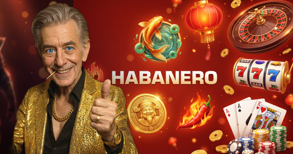 HABANERO casino review featuring ChipReign character, branded game montage backdrop
