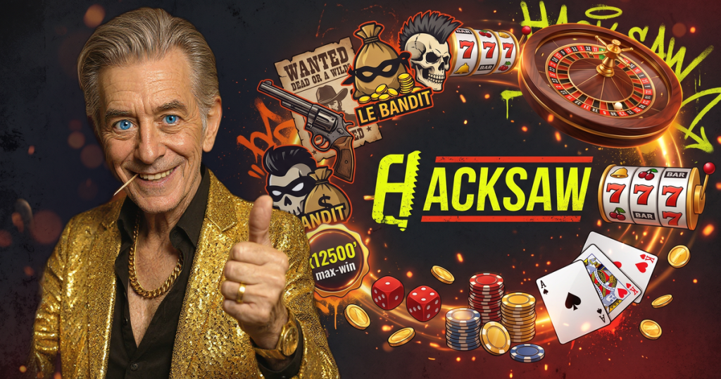HACKSAW casino review featuring ChipReign character, branded game montage backdrop