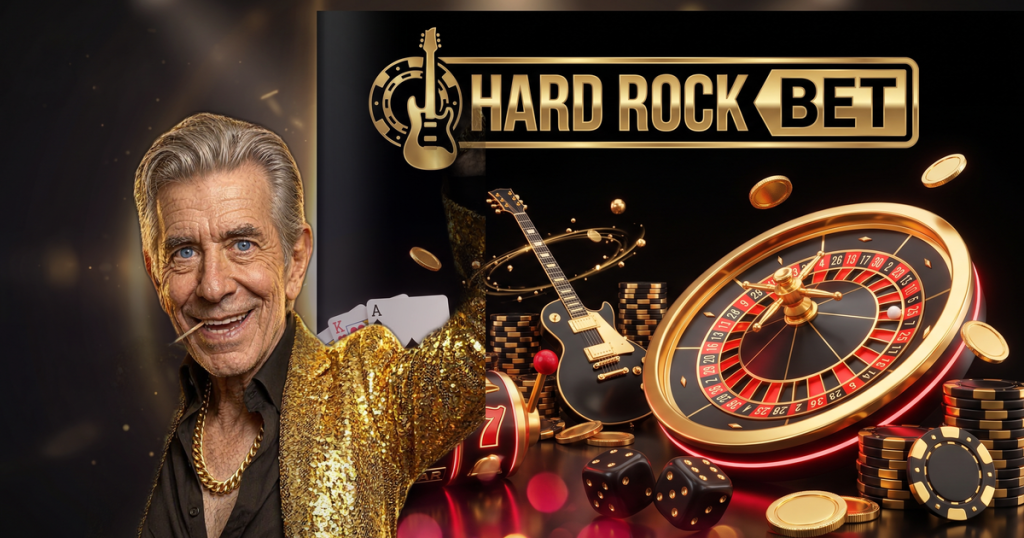 HARD ROCK BET casino review featuring ChipReign character, branded game montage backdrop