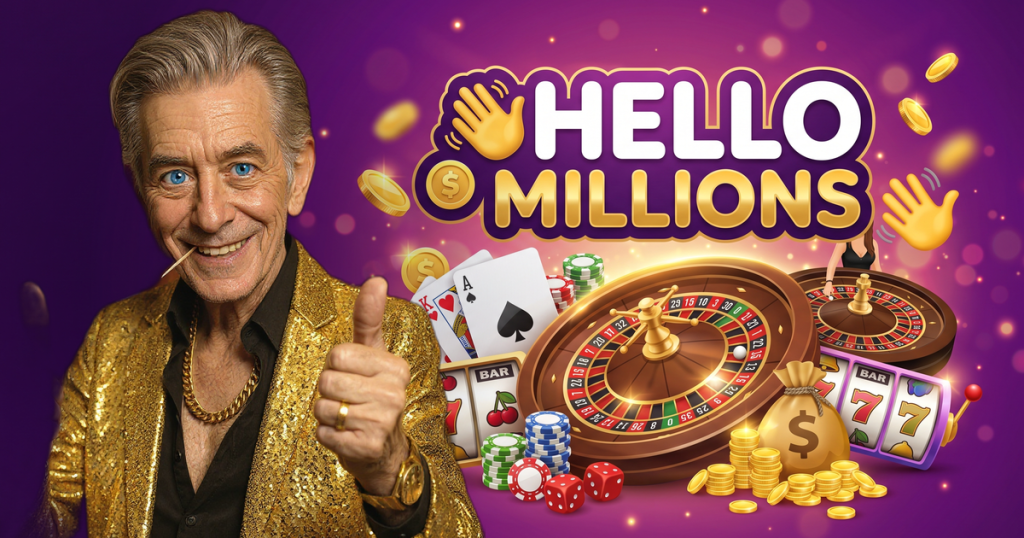 HELLO MILLIONS casino review featuring ChipReign character, branded game montage backdrop