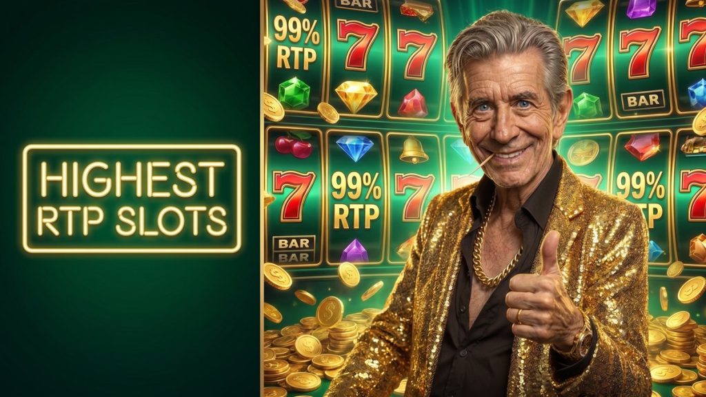 Chip giving a thumbs-up beside a HIGHEST RTP SLOTS neon sign with slot reels and gold coins