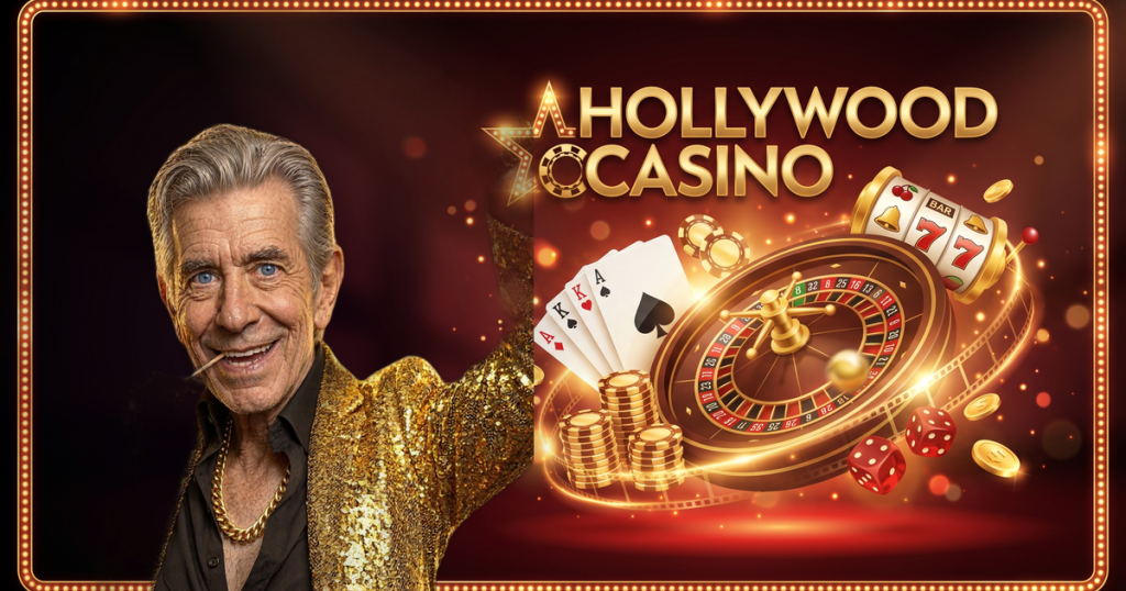 HOLLYWOOD CASINO casino review featuring ChipReign character, branded game montage backdrop