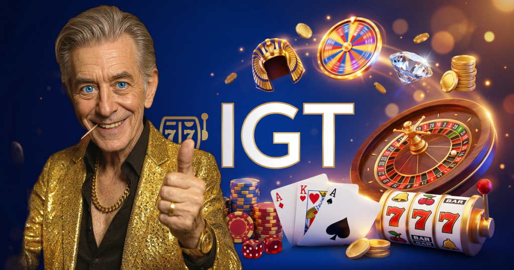 IGT casino review featuring ChipReign character, branded game montage backdrop