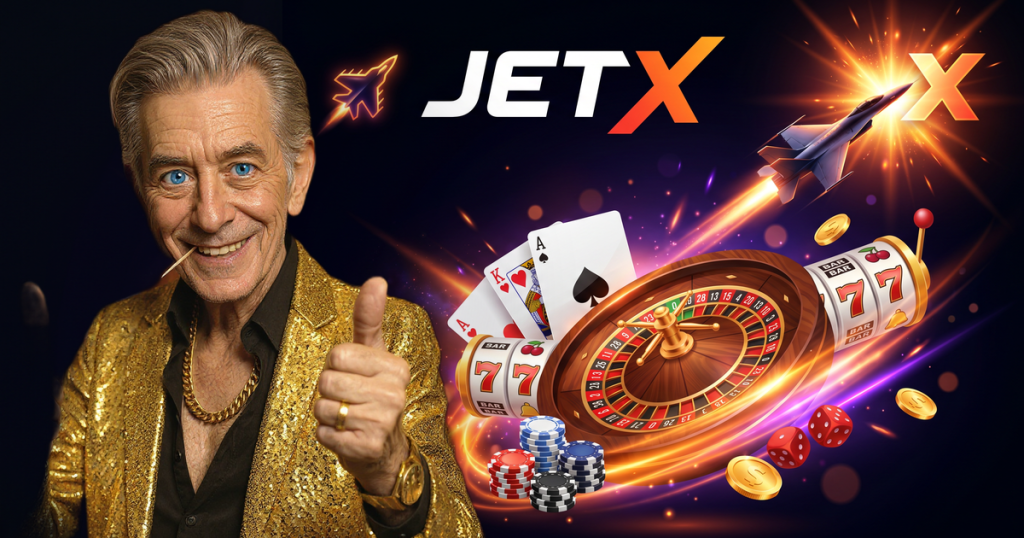 JETX casino review featuring ChipReign character, branded game montage backdrop