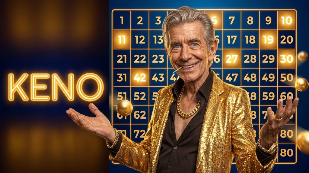 Chip with arms spread beside a KENO neon sign with a number grid